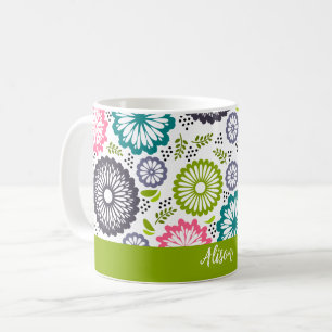 Mug Pastel vert rose turquoise fleurs Vintage Nom Flor