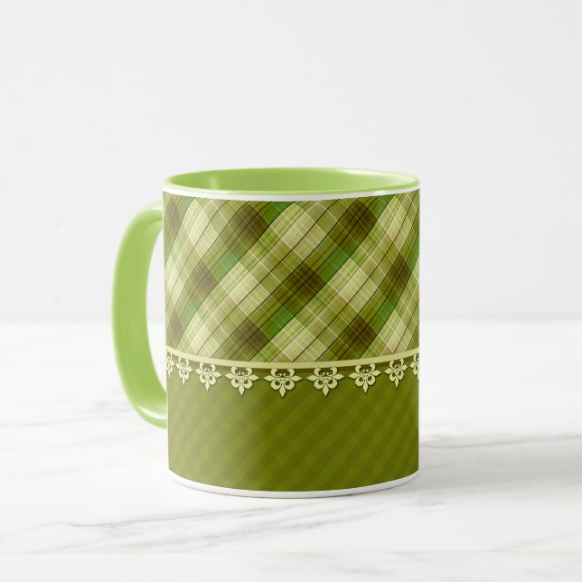 Mug Patchwork couleur olive, carreaux olive, vert (Devant gauche)