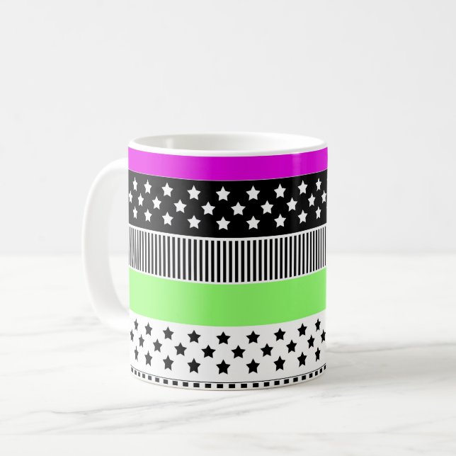 Mug Patchwork de rayures noir et blanc et néon (Devant gauche)