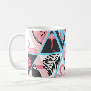 Mug Patchwork flamingo tropical, motif de palmier.