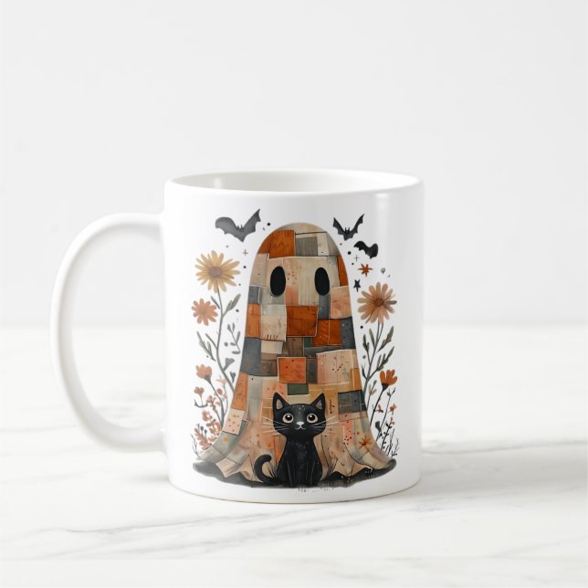 Mug Patchwork Halloween Fantôme et Chat, Rétro Épouvan (Gauche)