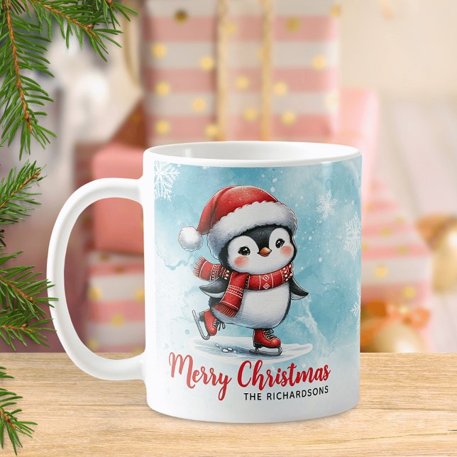 Mug Patinage sur glace pingouin Joyeux Noël bleu et ro (Créateur téléchargé)
