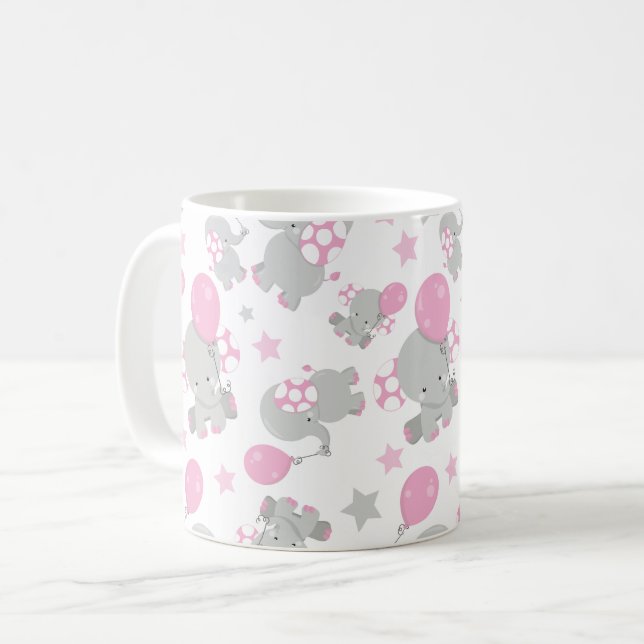 Mug Pattern of Elephants, Cute Elephants - Pink Gray (Devant gauche)