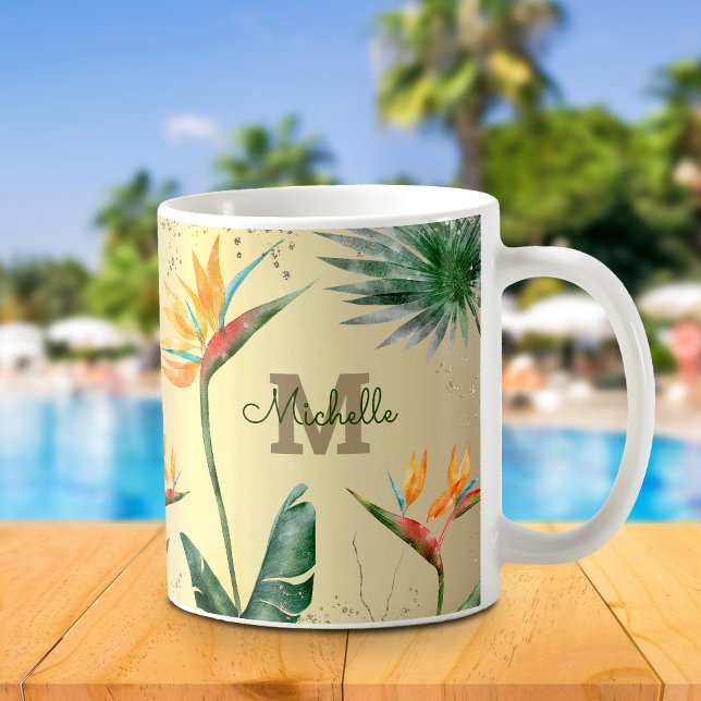 Mug Paume Tropical Or Foliage Floral Monogramme Script (Créateur téléchargé)