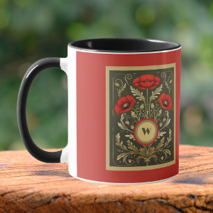 Mug Pavots Vintage Or Rouge Monogramme Art Nouveau