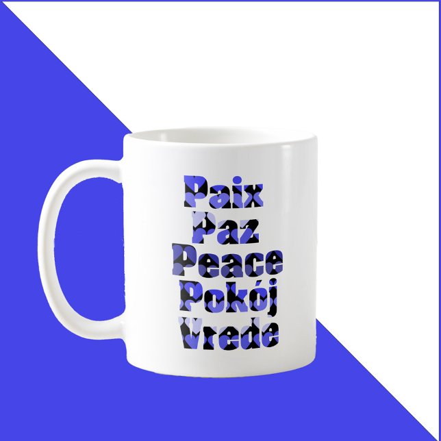 Mug Peace in Many Languages Hearts Blue (A mug that says peace in French, English, Spanish, Polish and Dutch)