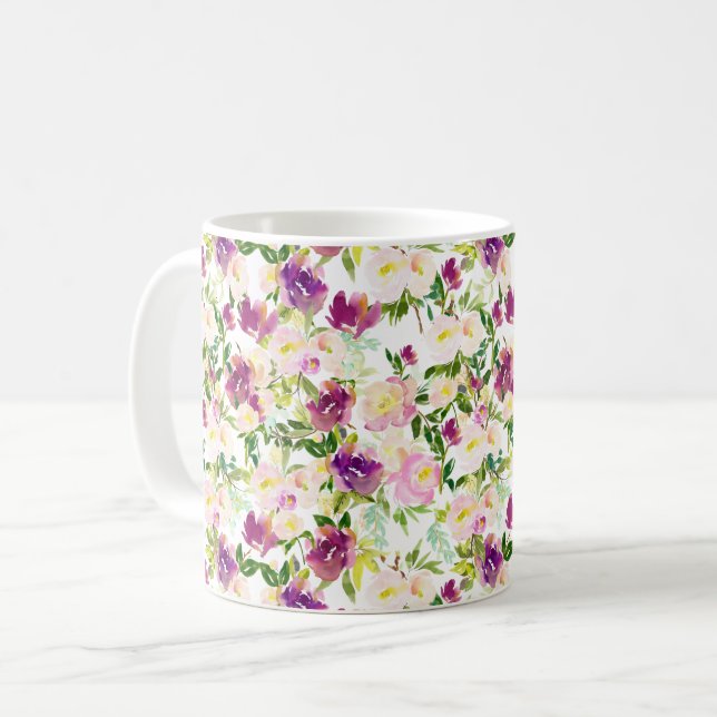 Mug Peach rose Purple Bourgogne Aquarelle Florale (Devant gauche)