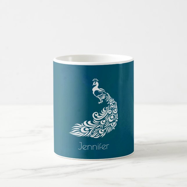 Mug Peacock blanc sur Turquoise chic élégant personnal (Centre)