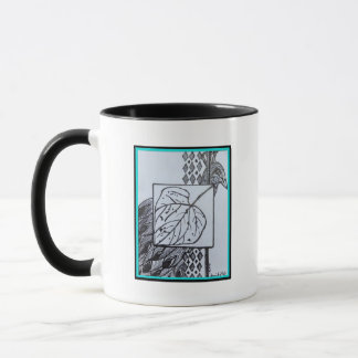 Mug Peacock & Leaf Blk & Whit Ink Turquoise Border