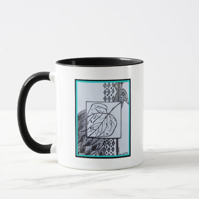Mug Peacock & Leaf Blk & Whit Ink Turquoise Border. (Gauche)