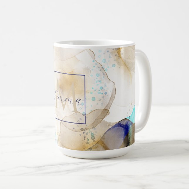 Mug Peinture Abstraite d'art fluide en or bleu (Devant droit)
