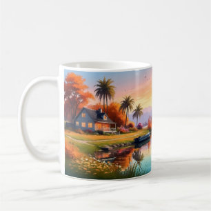 Mug Peinture de coucher de soleil naturel avec lac, ch