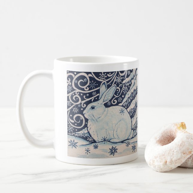 Mug Peinture de lapin bleu et blanc hiver Neige boisée (Avec donut)