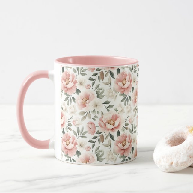 Mug Peonées roses poussiéreuses (Avec donut)