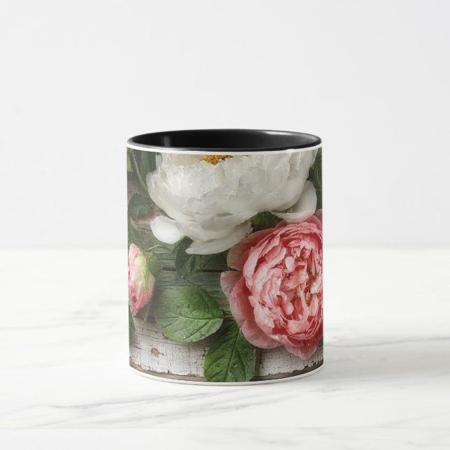 Mug peonies and weathered wood (Centre)