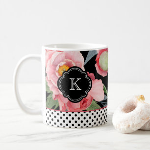 Mug Peonies élégantes et Pois avec Monogramme