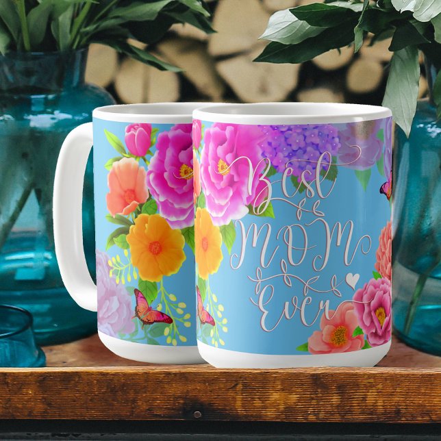 Mug Peonies romantiques Jardin Bleu Meilleure maman (Personalized Best Mom Ever Peonies Blue Coffee Mug. )