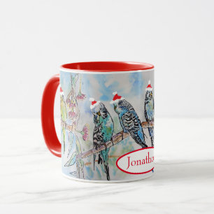 Mug père Noël Budgie Noël aquarelle peinture oiseau