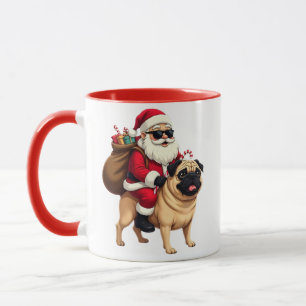 Mug Père Noël drôle à cheval sur un Pug à Noël