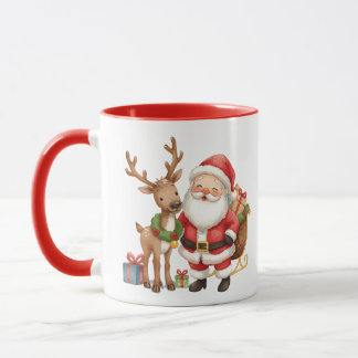 Mug Père Noël souriant fantaisiste avec rennes. 