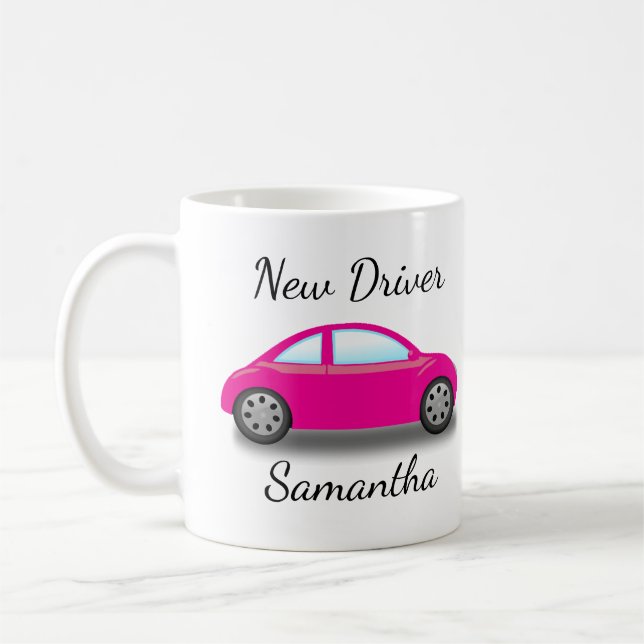 Mug Permis de conduire neuf voiture rose personnalisée (Gauche)