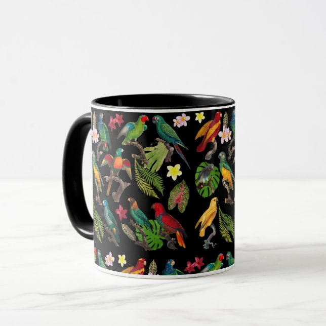 Mug Perroquets tropicaux colorés, Feuilles et fleurs (Devant gauche)