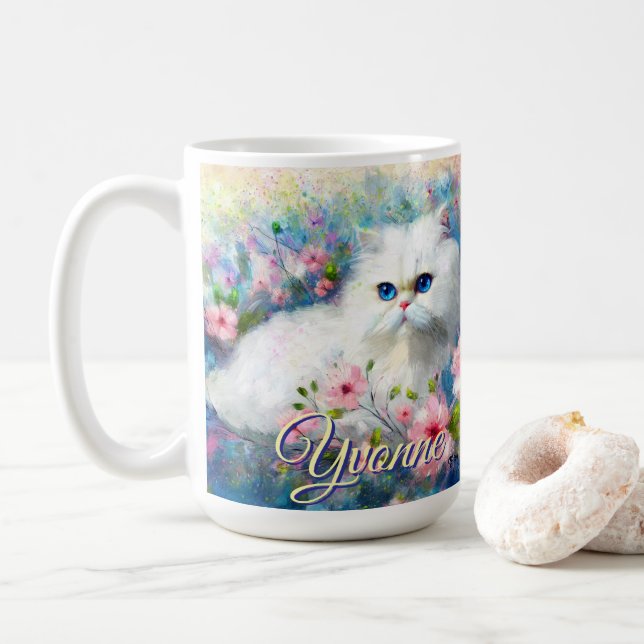 Mug Persian Cat Blue Eyes in Pink Flowers Personalized (Avec donut)