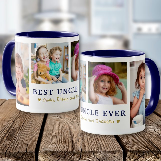Mug Personalized Best Uncle Ever 4 Photo Blue Gold  (Créateur téléchargé)