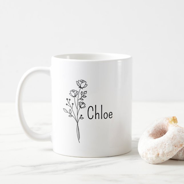 Mug Personalized Birth Flower Ceramic Mug, Custom name (Avec donut)