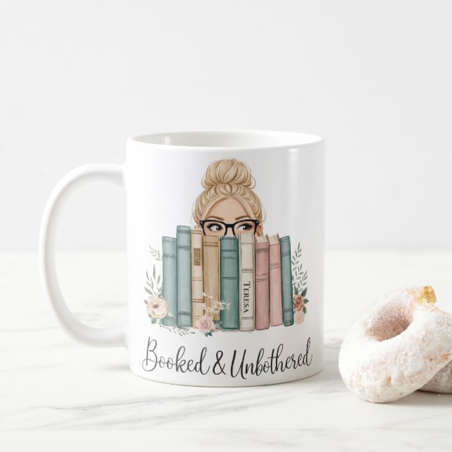 Mug Personalized “Booked & Unbothered” Bookish Reader (Avec donut)