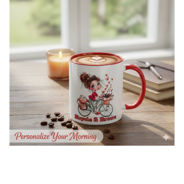 Mug Personalized Cute Watercolor Girl Bicycle & Brews  (Créateur téléchargé)