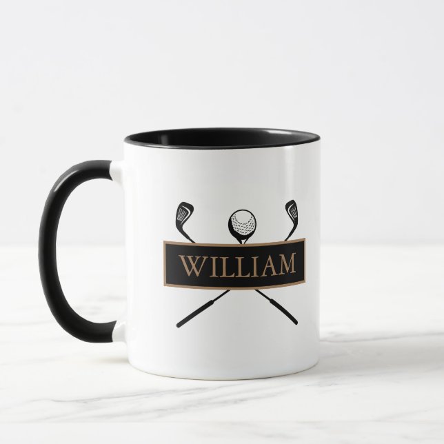 Mug Personalized Name Gold and Black Golf Clubs (Gauche)