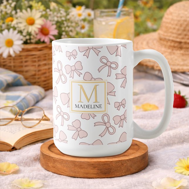 Mug Personalized Pink Bow Girl Cute Gold Monogram Name (Créateur téléchargé)