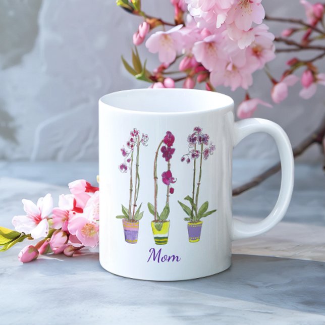 Mug Personalized Whimsical Potted Purple Orchids  (This white mug features three whimsical orchids, and personalization beneath in chic purple script.)