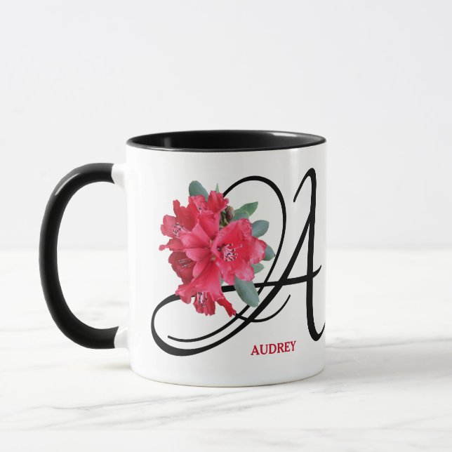 Mug Personnalisable Audrey nom fleurs rouges boho tend (Gauche)