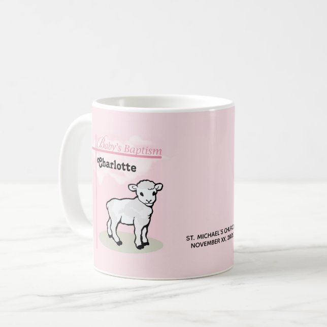 Mug Personnalisable, Baptême, Rose, Fille, Agneau (Devant gauche)