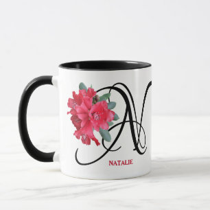 Mug Personnalisable Nom Natalie monogramme fleurs roug