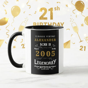 Mug Personnalisé 21e Anniversaire Né 2005 Vintage Noir