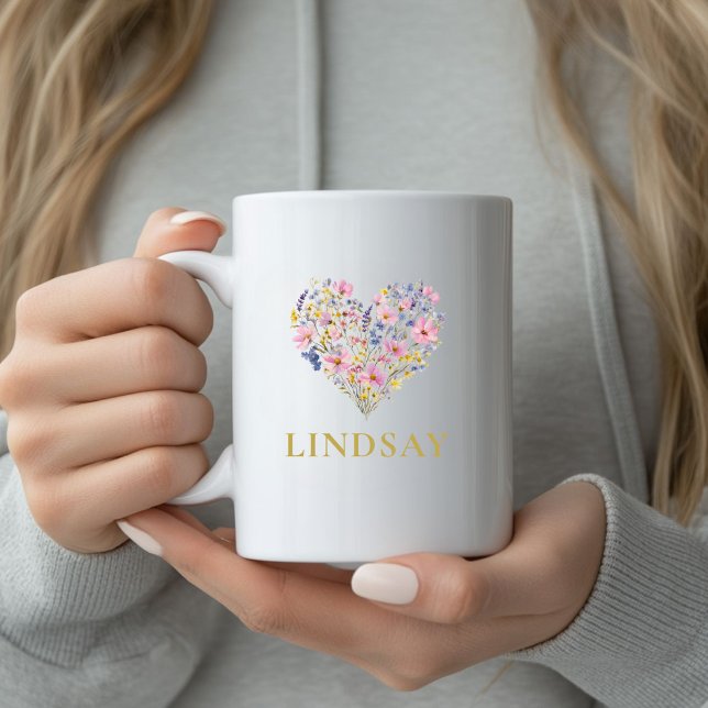 Mug Personnalisé avec Nom et Cœur de Fleurs Sauvag (Custom Wildflower Heart Name Mug
)