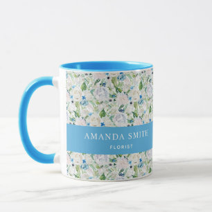 Mug Personnalisé bleu & rose blanche Élégant fleuriste