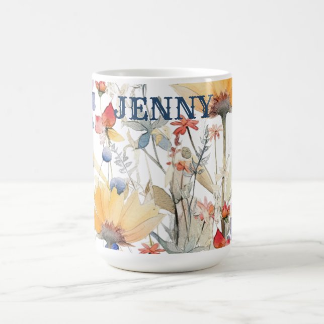 Mug personnalisé fleurs sauvages bohème bleu or (Centre)