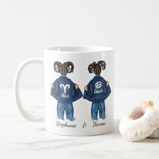 Mug Personnalisé Meilleurs Amis Aries Cancer Girl Jean (Avec donut)