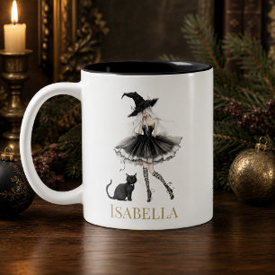 Mug Personnalisé Sorcière & Chat Noir avec un Nœud