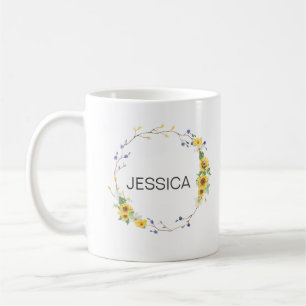Mug Personnaliser le nom Elégant Sunflower Floral Wrea