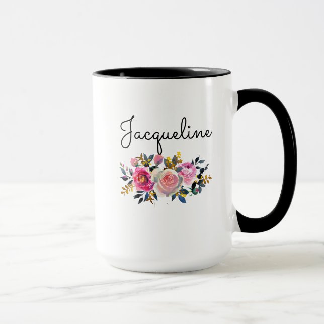 Mug Personnalisez le nom Bleu Peonies Floral Bouquet C (Droite)