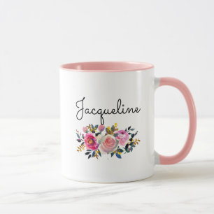 Mug Personnalisez le nom Bleu Peonies Floral Bouquet C