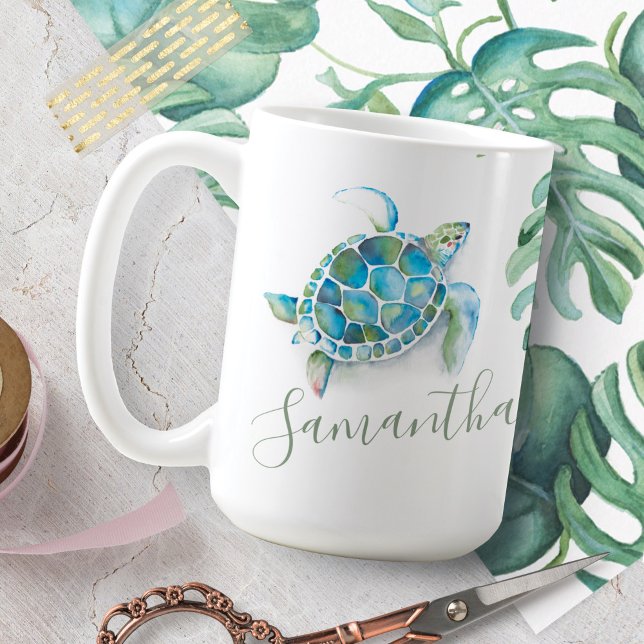 Mug Personnalité du Tourtle de la mer verte (Tropical coffee mugs sea turtle and palm leaf art by Victoria Grigaliunas of Do Tell A Belle)