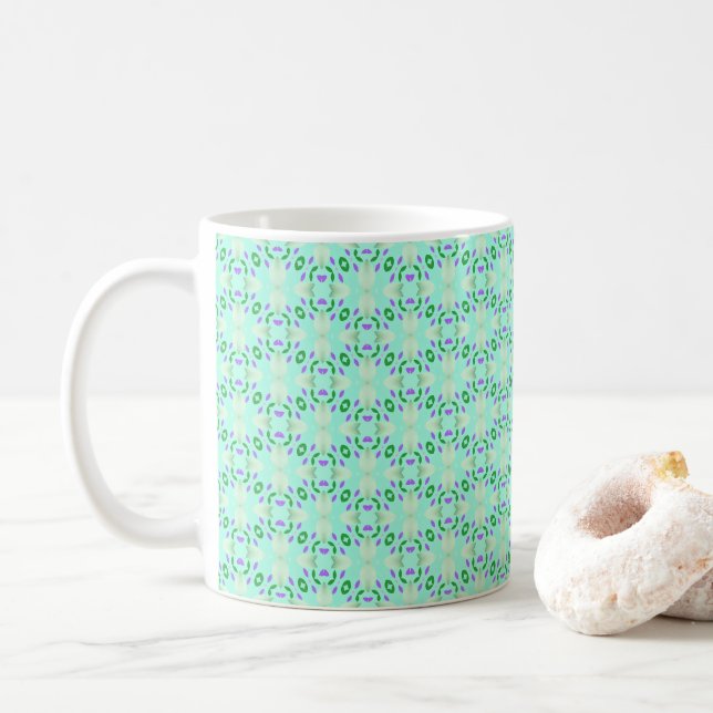 Mug Pétales de fleurs géométriques vertes et violettes (Avec donut)