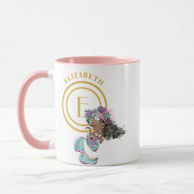 Mug Petite Sirène Noire Balances Bleues Monogramme Nom (Gauche)
