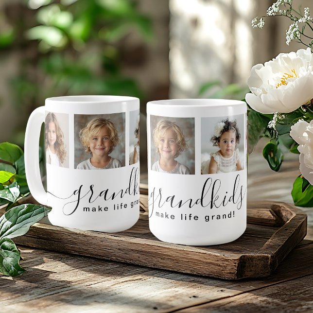Mug Petits enfants font la vie Grand 4 Photo (Personalize this mug with 4 photos of the grandchildren for a perfect gift for Grandma!)